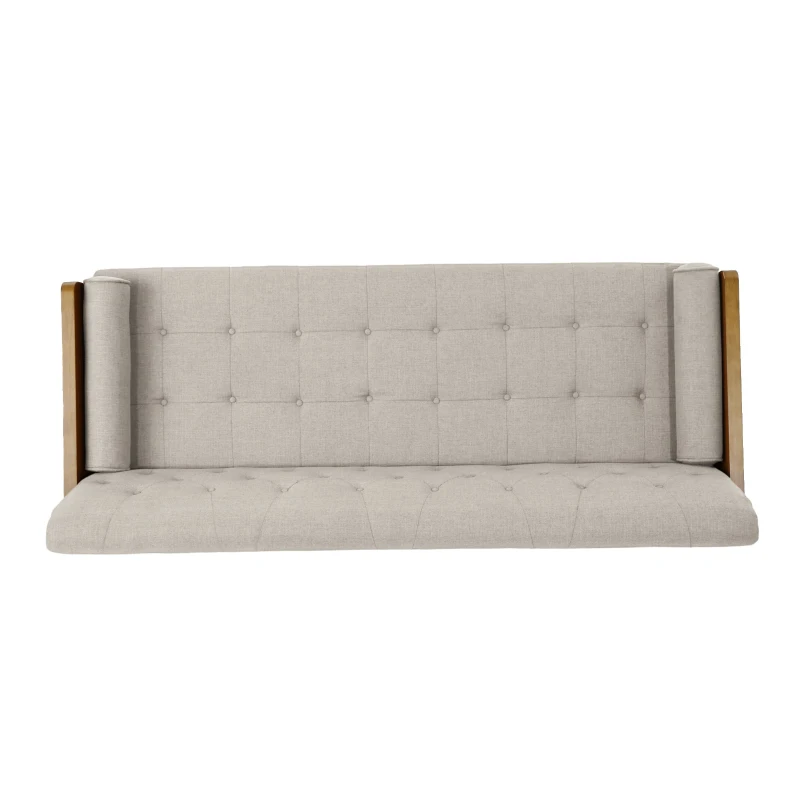 Mid-Century Modern Tufted Fabric Sofa with Rolled Accent Pillows, Daybed with Gold Tipped Rubberwood Legs, 72'' L x 30.5'' W x 32'' H, Beige