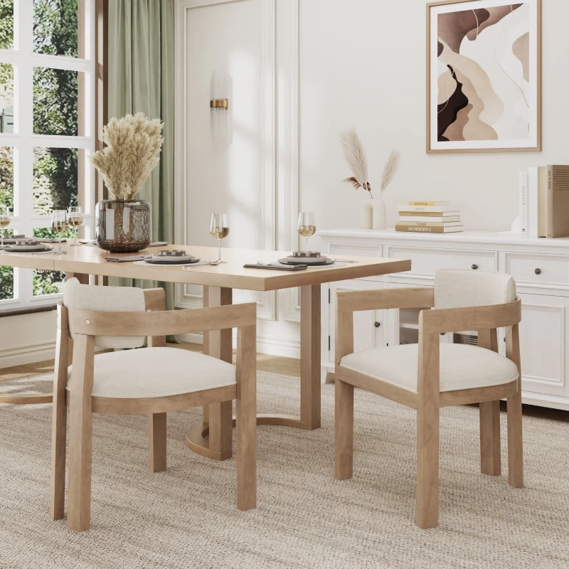 Modern Dining Chair with Rubber Wood Frame and Polyester Linen Blend Fabric, Wood Chair Perfect for Dining Room, 22.5'' L x 23.5'' W x 31'' H, Beige