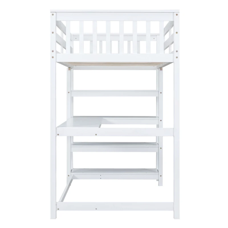 Twin Size Loft Bed with Storage Shelves, Under-bed Desk and LED Light, High-Sleeper Bed for Compact Room, 80" L x 42" W x 68.5" H, White