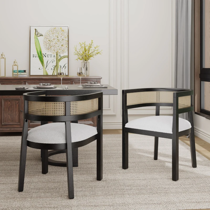 Set of 2 Dining Chairs with Rattan Backrest, Wood Frame, Dining Seats for Ultimate Comfort and Style, 22.5" L x 22" W x 29.5" H, Beige+Black