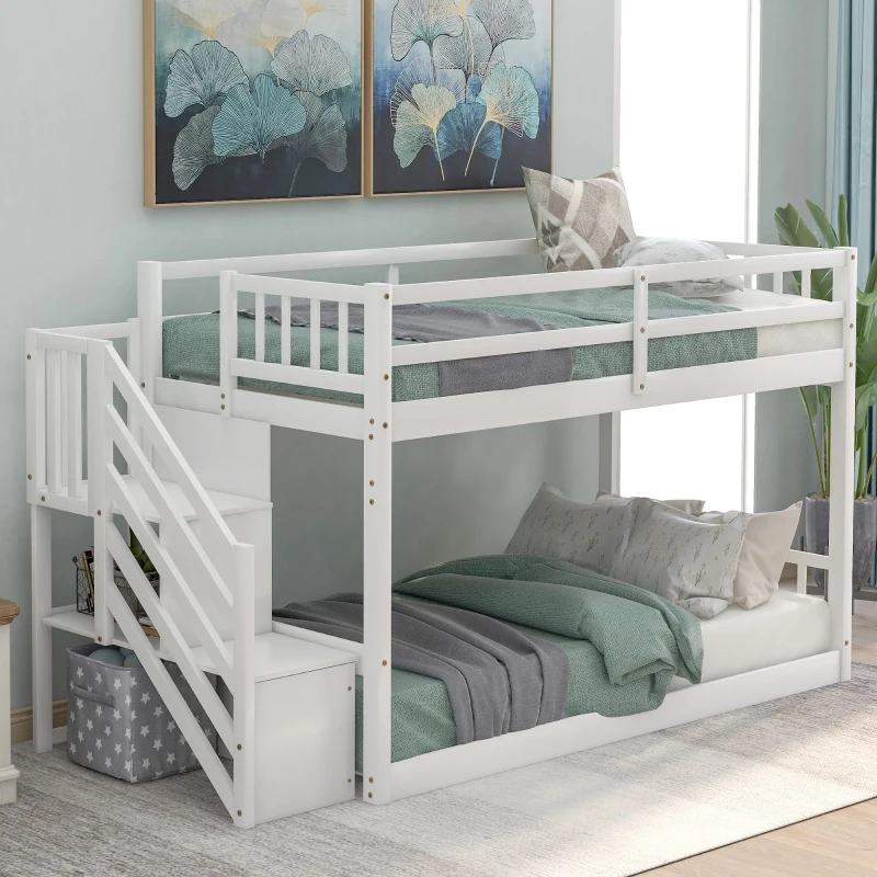 Twin Over Twin Floor Bunk Bed with Storage Ladder, Solid Pine Wood, Double-Decker Bed for Children, 93.5" L x 42.5" W x 50.5" H, White