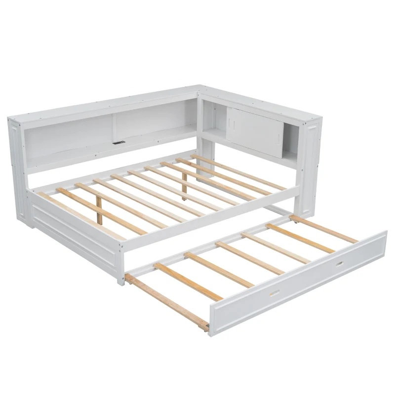 Full Size Wood Daybed with Storage Shelves, LED Lights, USB Ports, Trundle Bed for Ultimate Style and Functionality, 86" L x 66" W x 38" H, White