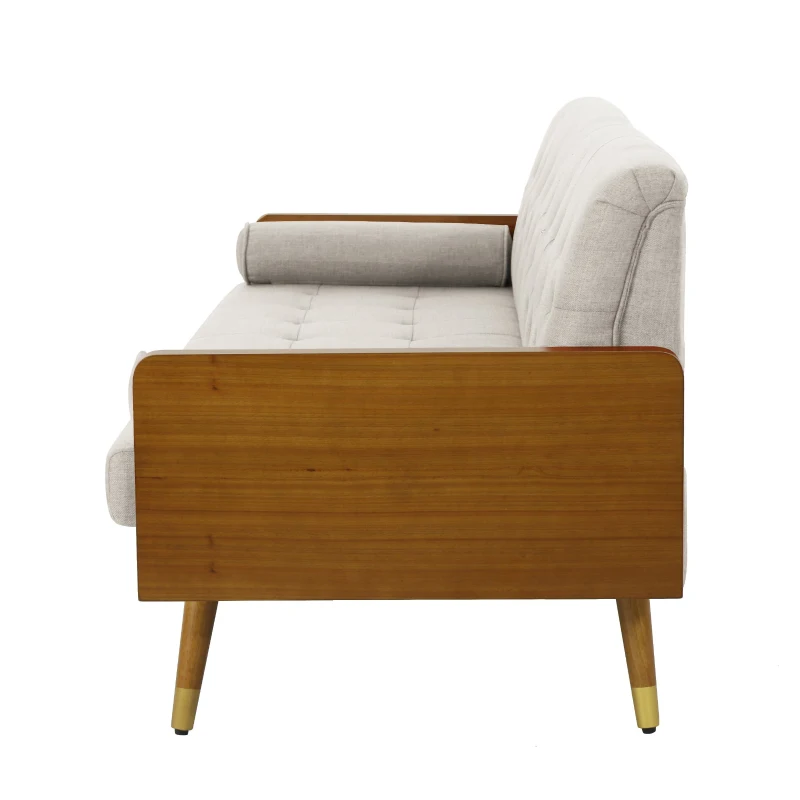 Mid-Century Modern Tufted Fabric Sofa with Rolled Accent Pillows, Daybed with Gold Tipped Rubberwood Legs, 72'' L x 30.5'' W x 32'' H, Beige