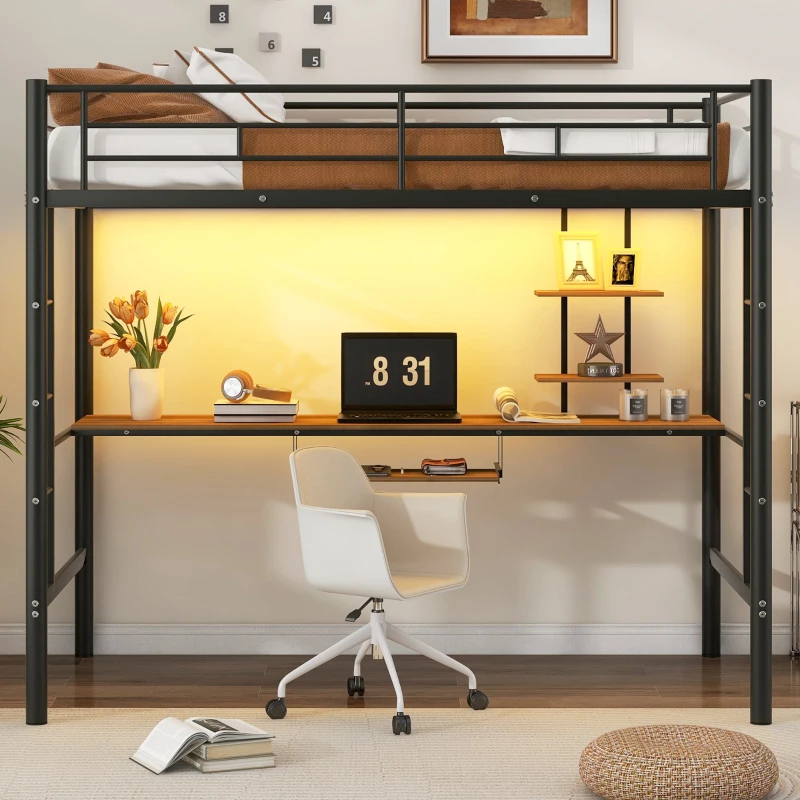 Twin Loft Bed with Built-in Desk, Shelves, and LED Lighting, Space-Saving Bunk Bed for Compact Rooms, 78" L x 41.5" W x 71.5" H, Black