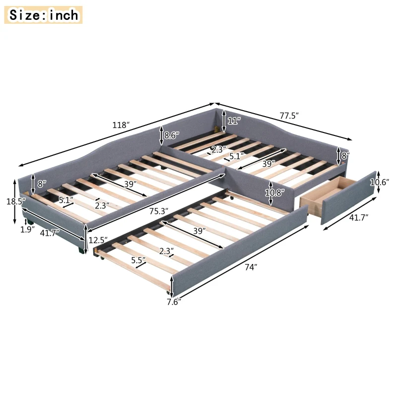 Twin Size Double Upholstered Daybed with Trundle and Drawer, Multifunctional Sofa Bed for Guest Room, 118" L x 77.5" W x 18.5" H, Gray