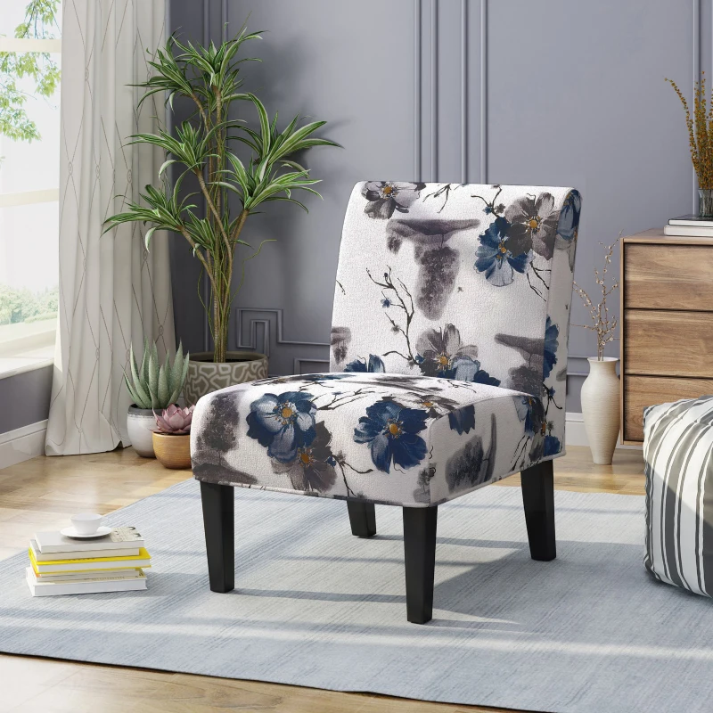 Contemporary Accent Chair with Rubberwood Tapered Legs, Upholstered Seating for Dining Room, 22.5'' L x 29.5'' W x 32'' H, Blue+Multi