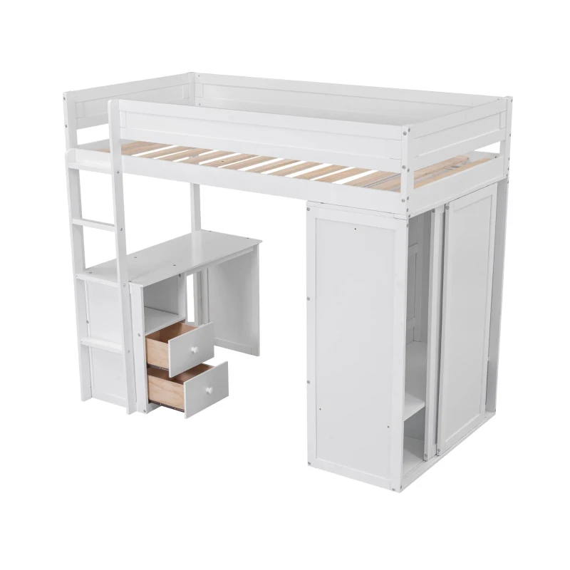 Wood Twin Loft Bed with Wardrobes, 2-Drawer Desk and Cabinet, High-Sleeper Bed for House with Children, 78.5" L x 41" W x 65" H, White