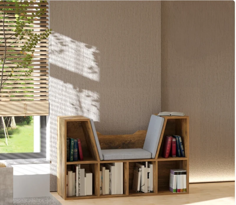 HOMCOM 6-Cubby Bookcase with Seat Cushion, Cube Storage Shelf with Reading Nook for Home Office, Study, Rustic Brown