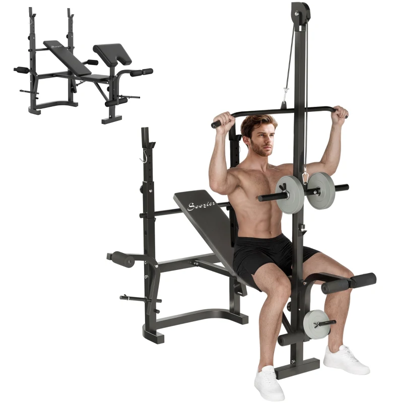 Soozier Adjustable Weight Bench with Bench Press Rack, Preacher Curl Bench, Leg Extension and Lat Pull Down