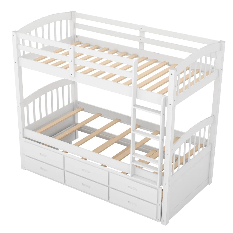 Twin Over Twin Wood Bunk Bed with Trundle and Drawers, Wood Construction, Double-Decker Bed for Children, 81" L x 42.5" W x 67" H, White