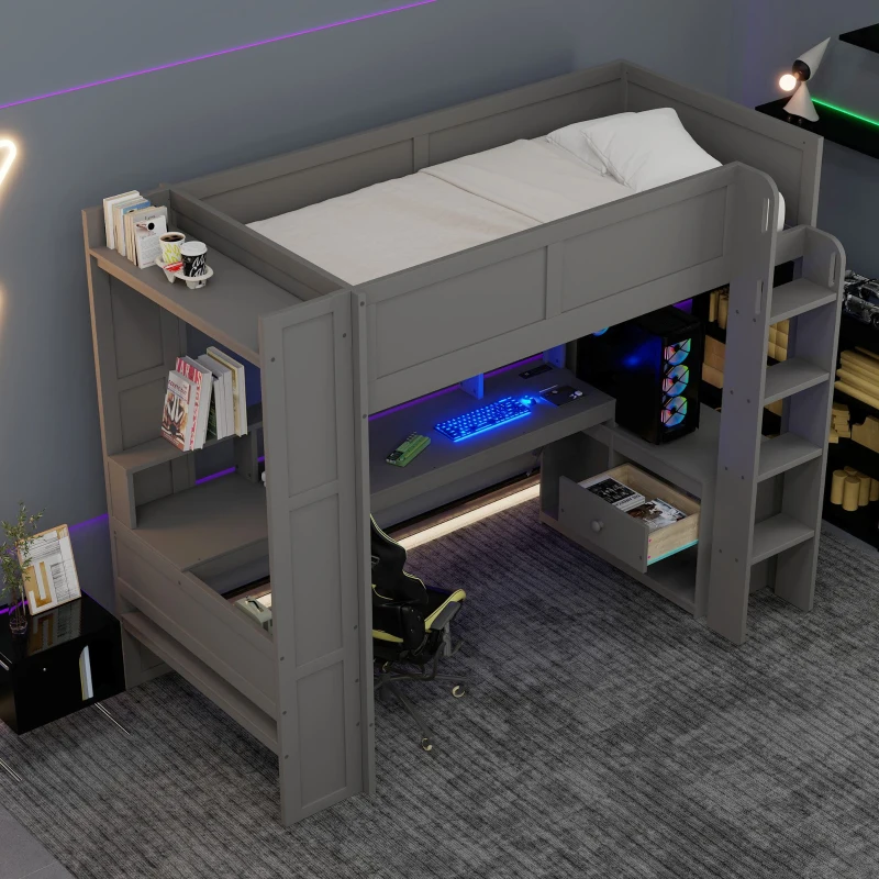 Wood Twin Size Gaming Loft Bed with Desk, Multi-Storage Shelves, Practical Bunk Bed for Compact Room, 87" L x 49.5" W x 72" H, Dark Gray