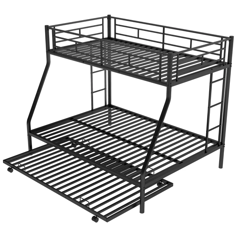 Twin Over Full Bunk Bed with Steel Frame, Twin Size Trundle, Two-Side Ladders, Double-Decker Bed for Compact Room, 78" L x 56.5" W x 63" H, Black