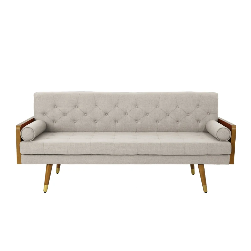 Mid-Century Modern Tufted Fabric Sofa with Rolled Accent Pillows, Daybed with Gold Tipped Rubberwood Legs, 72'' L x 30.5'' W x 32'' H, Beige
