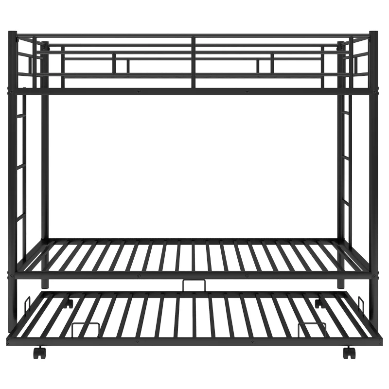 Twin Over Twin Bunk Bed with Trundle, Sturdy Metal Frame, Safety Guardrails, Bed Frame for Compact Rooms, 78" L x 41.5" W x 62.5" H, Black