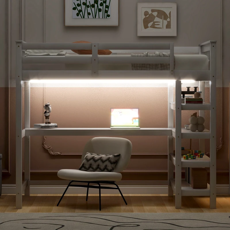 Twin Size Loft Bed with Storage Shelves, Under-bed Desk and LED Light, High-Sleeper Bed for Compact Room, 80" L x 42" W x 68.5" H, White