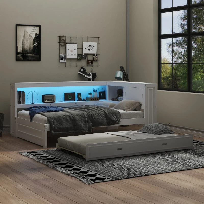 Full Size Wood Daybed with Storage Shelves, LED Lights, USB Ports, Trundle Bed for Ultimate Style and Functionality, 86" L x 66" W x 38" H, White