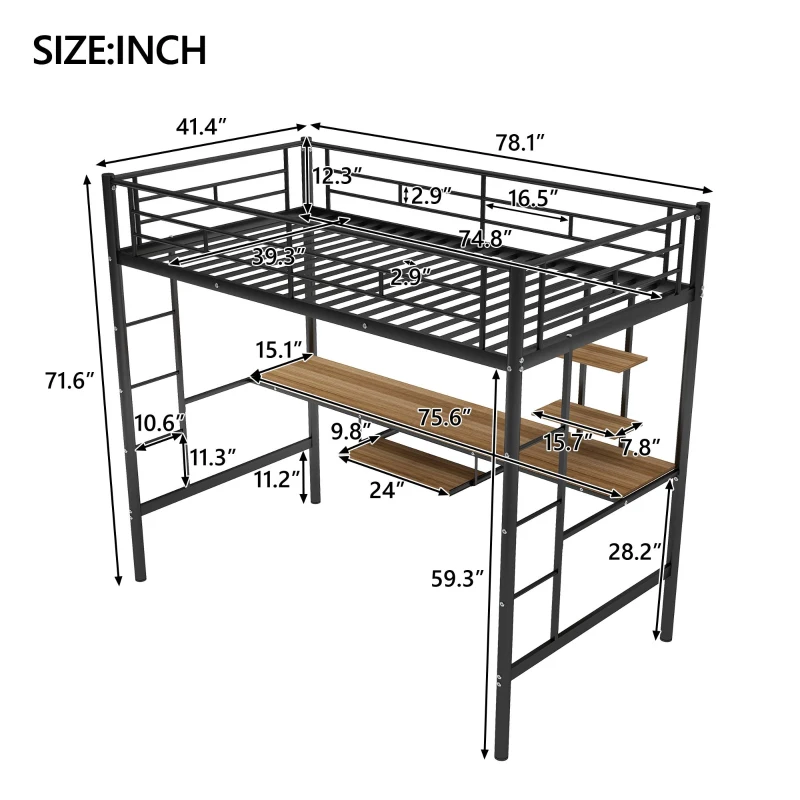 Twin Loft Bed with Built-in Desk, Shelves, and LED Lighting, Space-Saving Bunk Bed for Compact Rooms, 78" L x 41.5" W x 71.5" H, Black