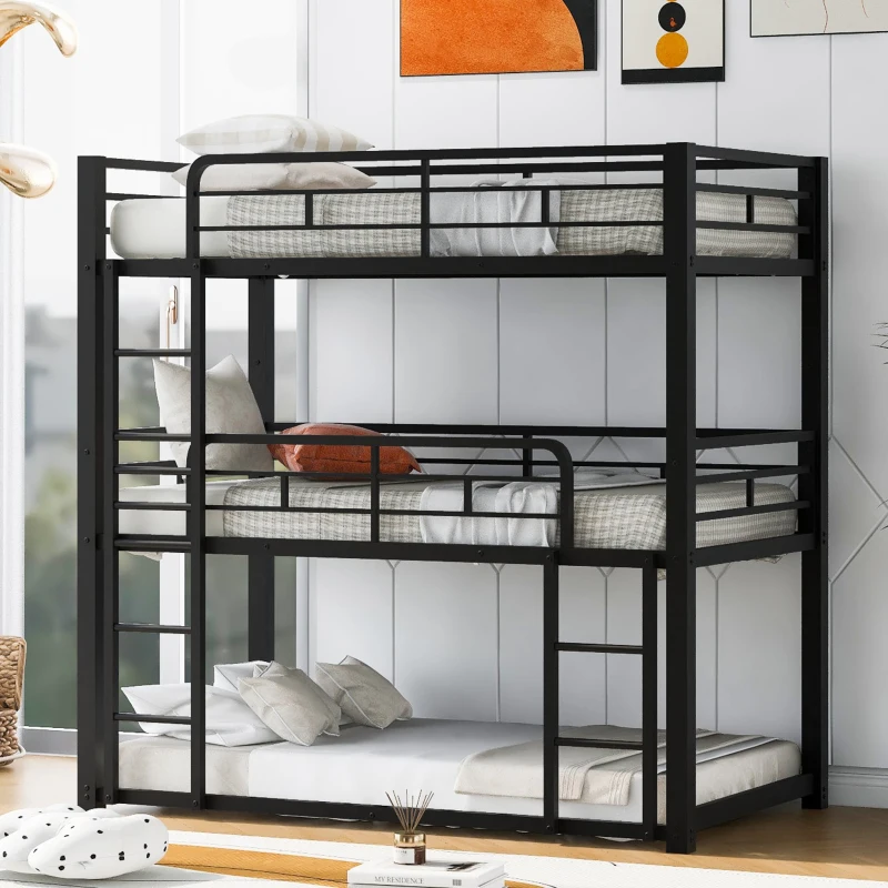 Metal Twin Size Triple Bunk Bed with Guard Rails and Easy Assembly, Double-Decker Bed for Compact Rooms, 78.5" L x 42" W x 78" H, Black