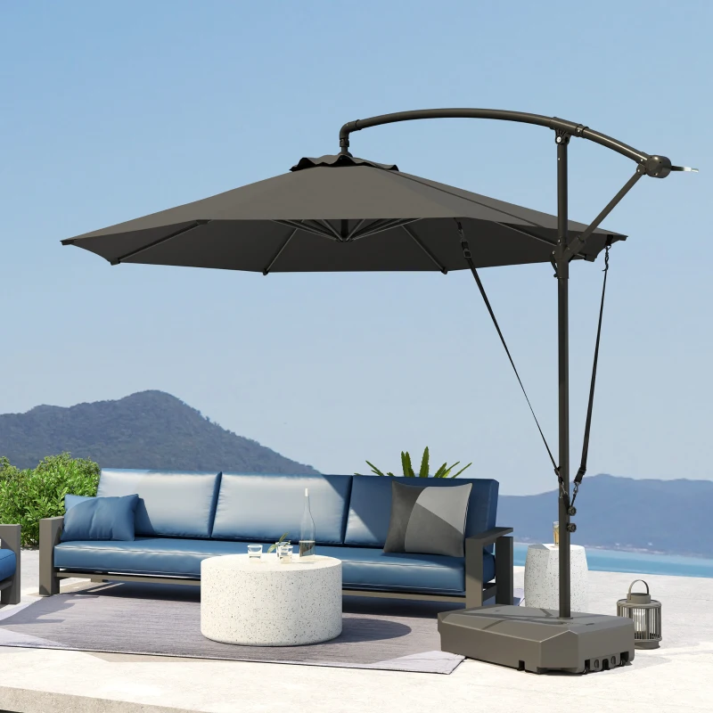 Outsunny 10FT Cantilever Umbrella with Fillable Base, Wind Strap and Cover, Offset Hanging Umbrella with Crank, UPF50+, Grey