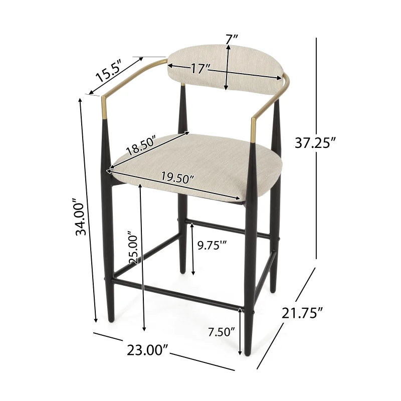 Set of 2 Modern Counter Stools with Iron Frame and Gold Accents, Chairs for Kitchen Island and Dining Room, 23" L x 22" W x 37.5" H, Beige