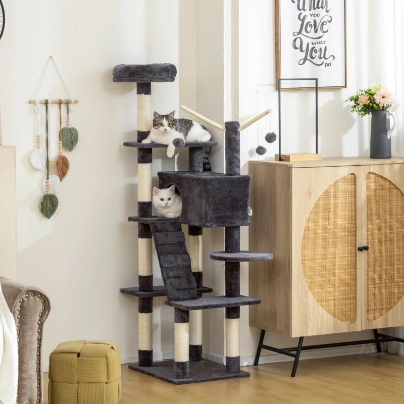 PawHut 59 Inch Large Cat Tree with Sisal Scratching Posts, Cozy Condo, Top Perch, Ladder and Interactive Balls, Dark Grey