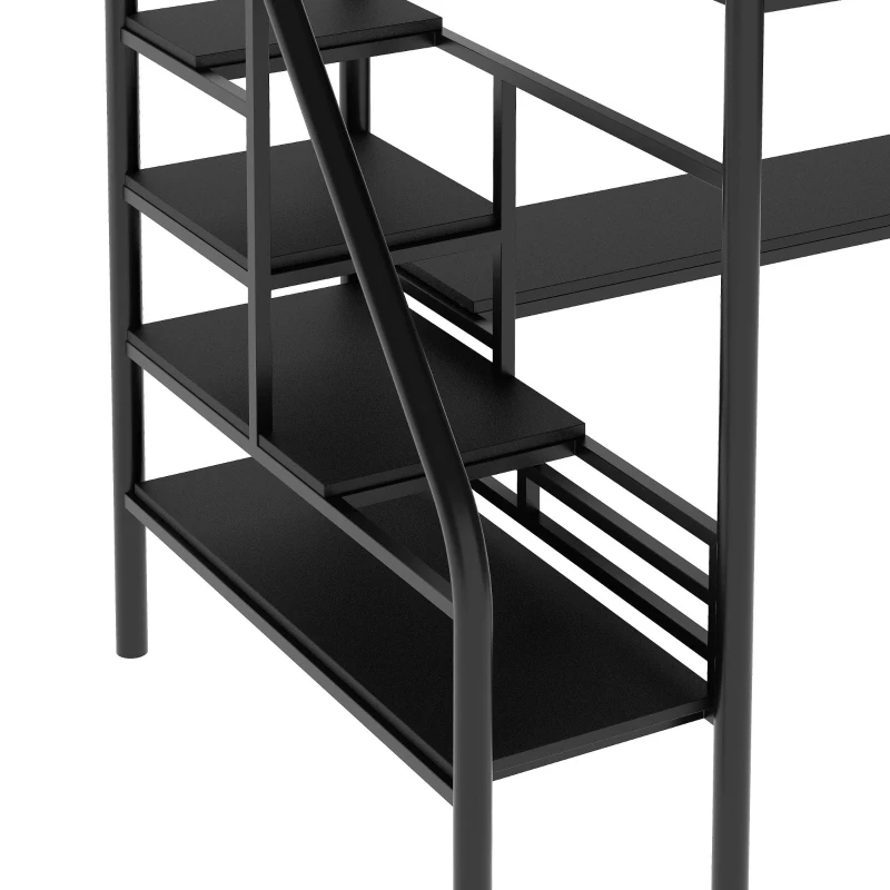 Metal Loft Bed Frame with Desk and LED Light, Sturdy Metal Frame, High-Sleeper Bed for Guest Rooms, 94.5" L x 41.5" W x 72" H, Black