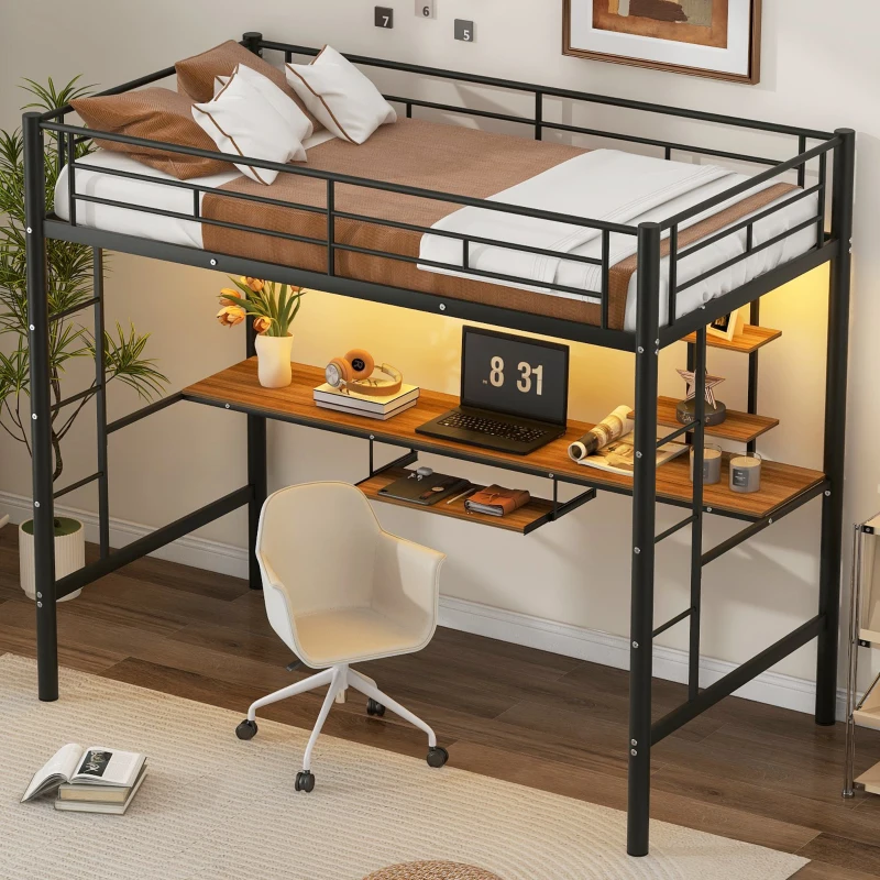 Twin Loft Bed with Built-in Desk, Shelves, and LED Lighting, Space-Saving Bunk Bed for Compact Rooms, 78" L x 41.5" W x 71.5" H, Black