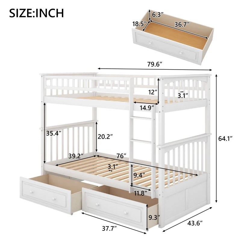 Twin Over Twin Bunk Bed with Drawers, Solid Pine Wood and MDF, Double-Decker Bed for Living Rooms, 79.5" L x 43.5" W x 64" H, White