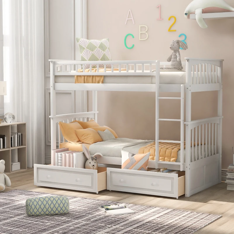 Twin Over Twin Bunk Bed with Drawers, Solid Pine Wood and MDF, Double-Decker Bed for Living Rooms, 79.5" L x 43.5" W x 64" H, White
