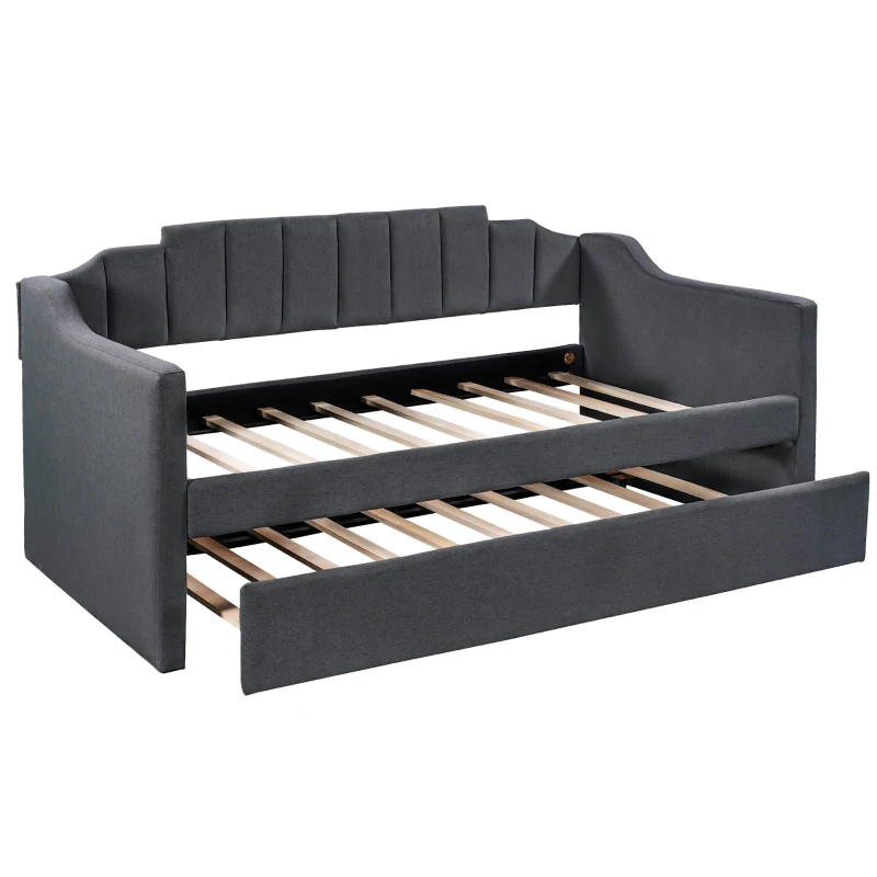 Upholstered Twin Daybed with Trundle, Solid Wood Frame, No Box Spring Needed, Trundle Bed for Compact Room, 81.5" L x 41" W x 36" H, Black