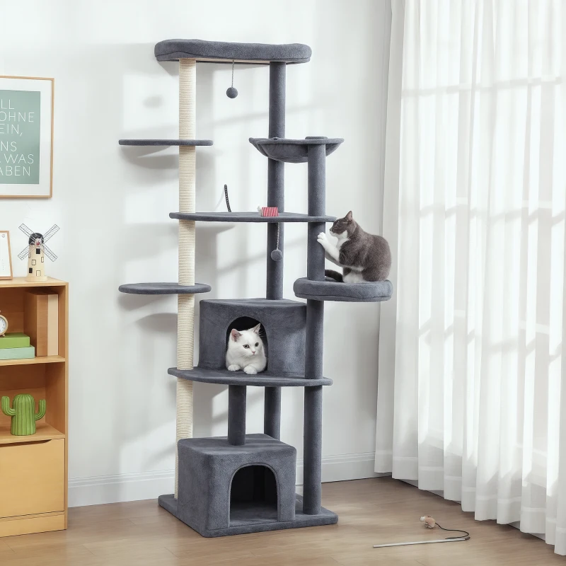 PawHut 79" Extra Tall Cat Tree with Scratching Posts, Perches, Caves, Hammock, Pompoms, for 2-3 Indoor Cats, Dark Grey
