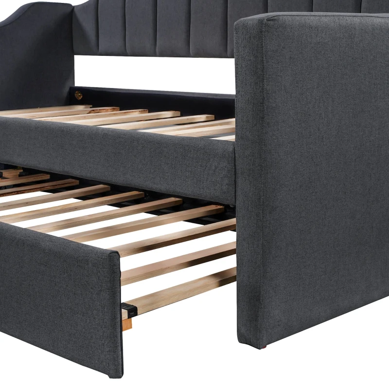Upholstered Twin Daybed with Trundle, Solid Wood Frame, No Box Spring Needed, Trundle Bed for Compact Room, 81.5" L x 41" W x 36" H, Black