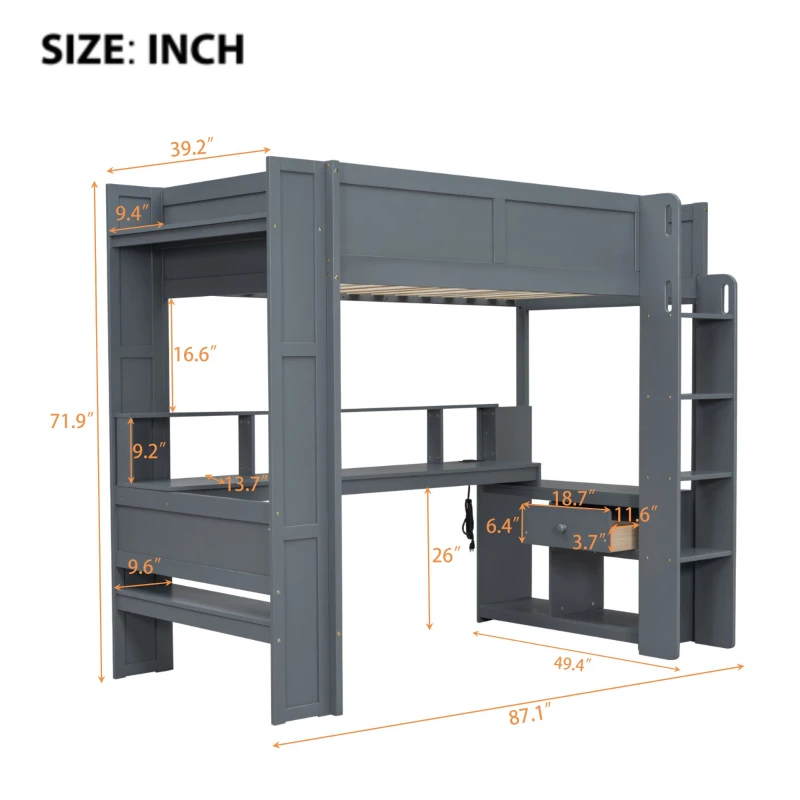 Twin Size Gaming Loft Bed with Desk, Multi-Storage Shelves, Practical Bunk Bed for Compact Room, 87" L x 49.5" W x 72" H, Dark Gray
