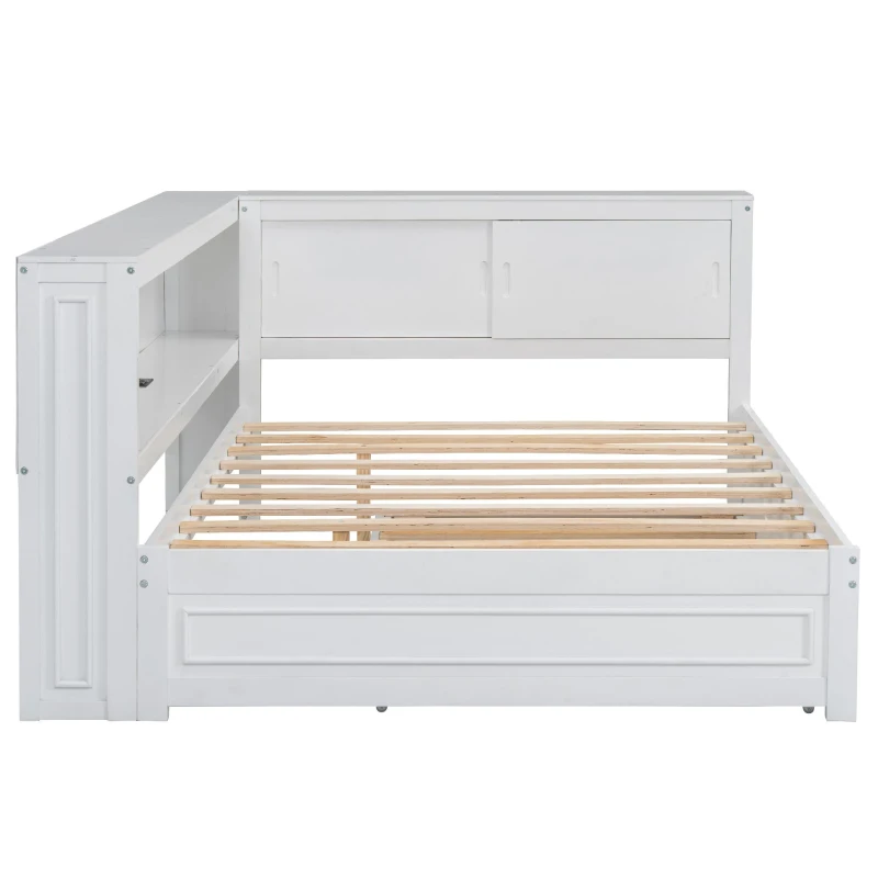 Full Size Wood Daybed with Storage Shelves, LED Lights, USB Ports, Trundle Bed for Ultimate Style and Functionality, 86" L x 66" W x 38" H, White