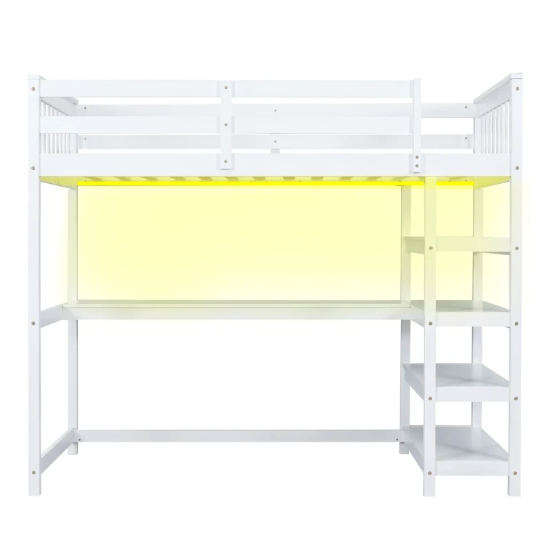 Twin Size Loft Bed with Storage Shelves, Under-bed Desk and LED Light, High-Sleeper Bed for Compact Room, 80" L x 42" W x 68.5" H, White