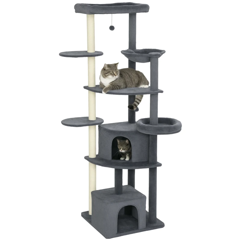 PawHut 79" Extra Tall Cat Tree with Scratching Posts, Perches, Caves, Hammock, Pompoms, for 2-3 Indoor Cats, Dark Grey