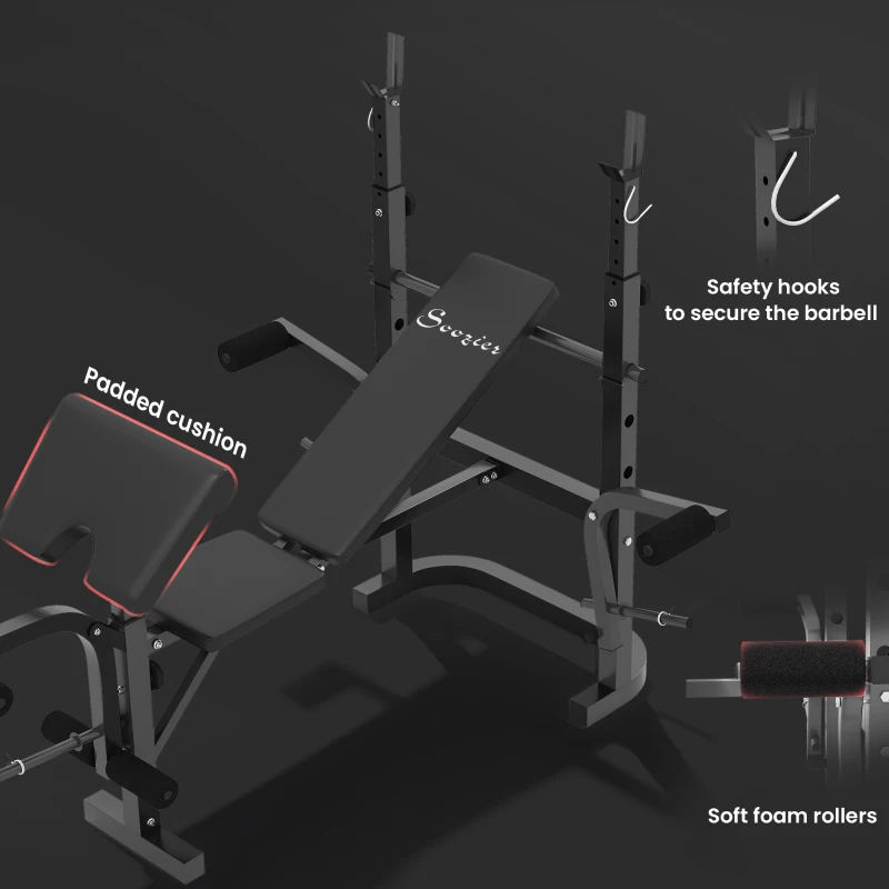 Soozier Adjustable Weight Bench with Bench Press Rack, Preacher Curl Bench, Leg Extension and Lat Pull Down