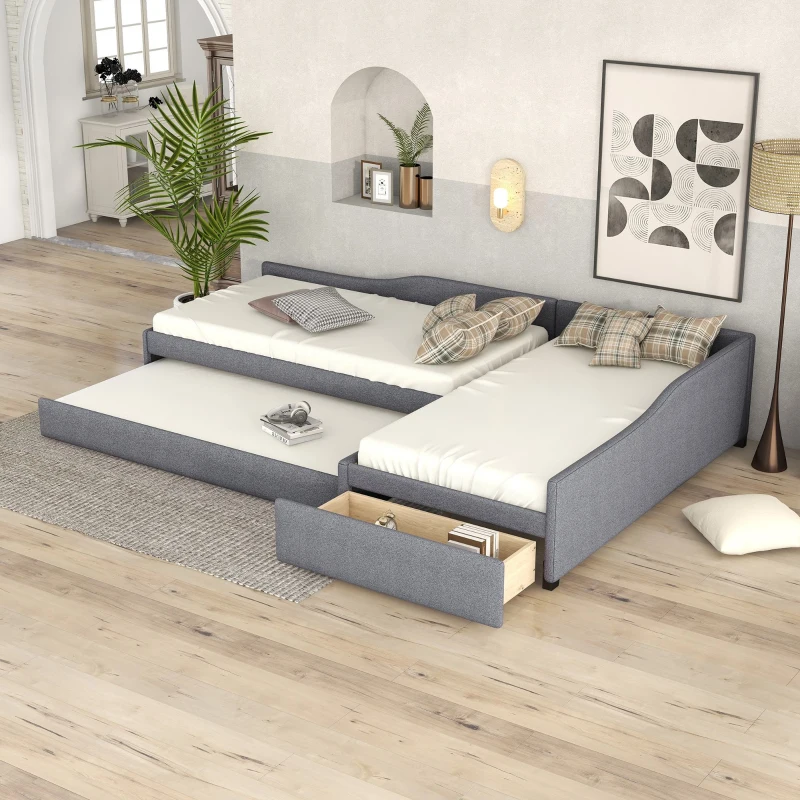 Upholstered Double Twin Daybed with Trundle and Drawer, Multifunctional Sofa Bed for Guest Room, 118" L x 77.5" W x 18.5" H, Gray