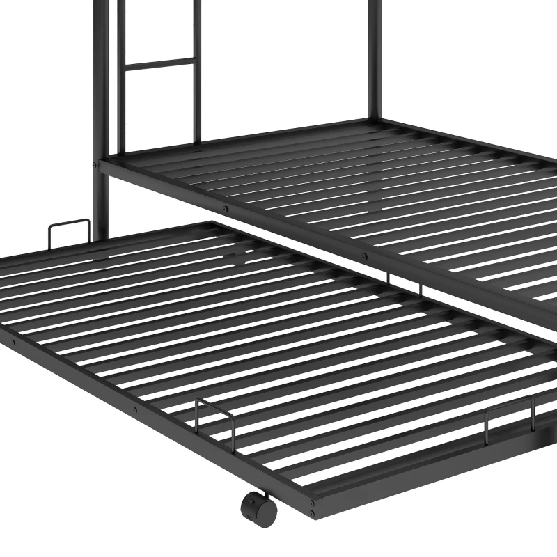 Twin Over Twin Bunk Bed with Trundle, Sturdy Metal Frame, Safety Guardrails, Bed Frame for Compact Rooms, 78" L x 41.5" W x 62.5" H, Black