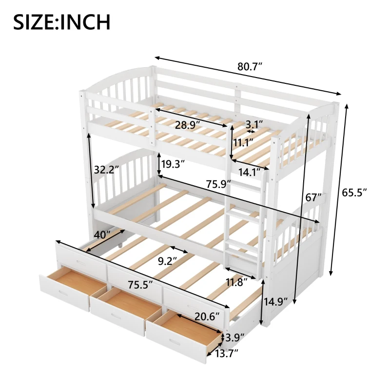 Twin Over Twin Wood Bunk Bed with Trundle and Drawers, Wood Construction, Double-Decker Bed for Children, 81" L x 42.5" W x 67" H, White