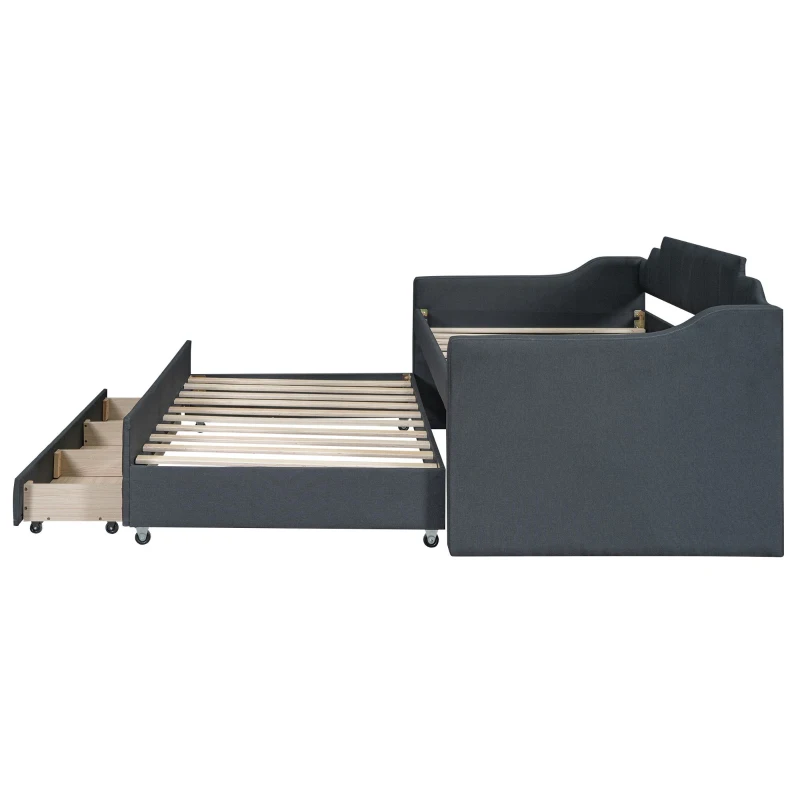 Twin Size Upholstered Daybed with Trundle and Three Drawers, Pull-out Bed for Department or Guest Rooms, 81" L x 41" W x 35.5" H, Gray