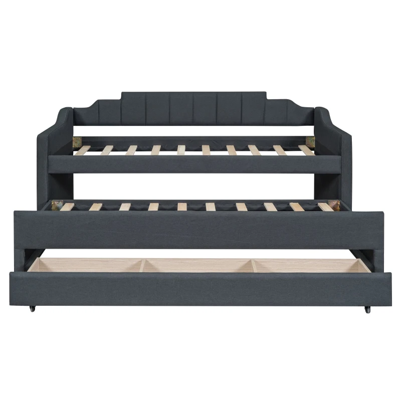 Twin Size Upholstered Daybed with Trundle and Three Drawers, Pull-out Bed for Department or Guest Rooms, 81" L x 41" W x 35.5" H, Gray