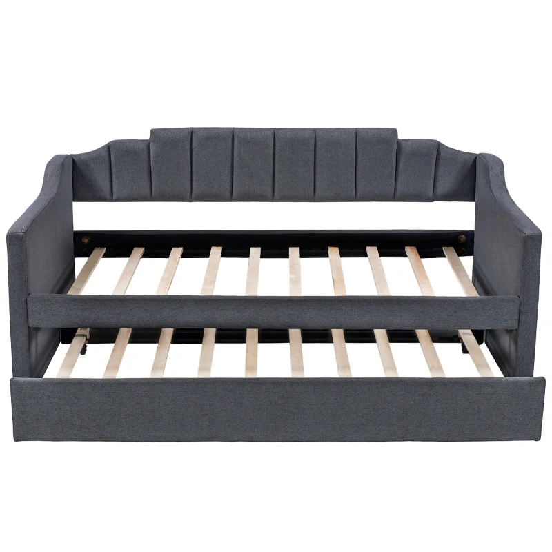 Upholstered Twin Daybed with Trundle, Solid Wood Frame, No Box Spring Needed, Trundle Bed for Compact Room, 81.5" L x 41" W x 36" H, Black