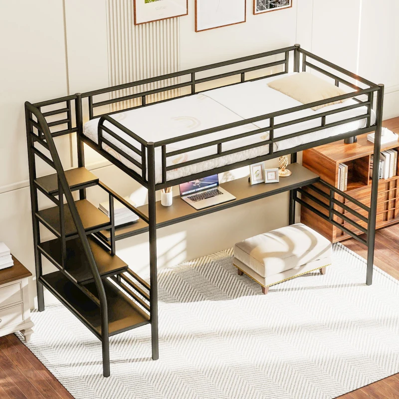 Metal Loft Bed Frame with Desk and LED Light, Sturdy Metal Frame, High-Sleeper Bed for Guest Rooms, 94.5" L x 41.5" W x 72" H, Black
