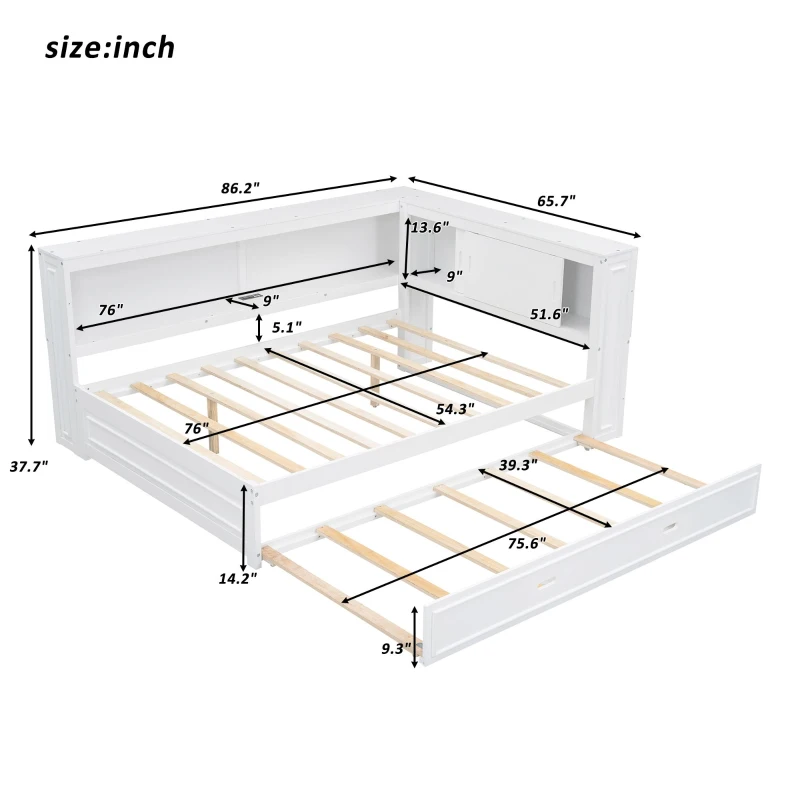 Full Size Wood Daybed with Storage Shelves, LED Lights, USB Ports, Trundle Bed for Ultimate Style and Functionality, 86" L x 66" W x 38" H, White