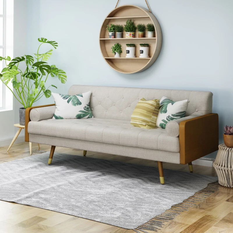 Mid-Century Modern Tufted Fabric Sofa with Rolled Accent Pillows, Daybed with Gold Tipped Rubberwood Legs, 72'' L x 30.5'' W x 32'' H, Beige