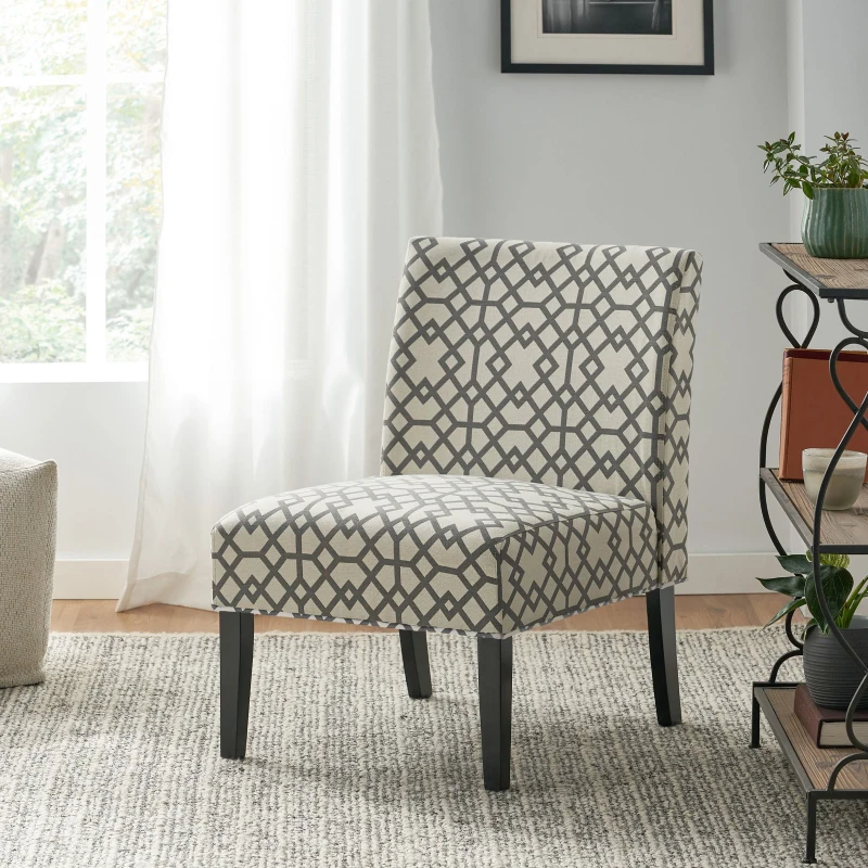 Contemporary Accent Chair with Rubberwood Tapered Legs, Upholstered Seating for Dining Room, 22.5'' L x 29.5'' W x 32'' H, Grey+Ivory