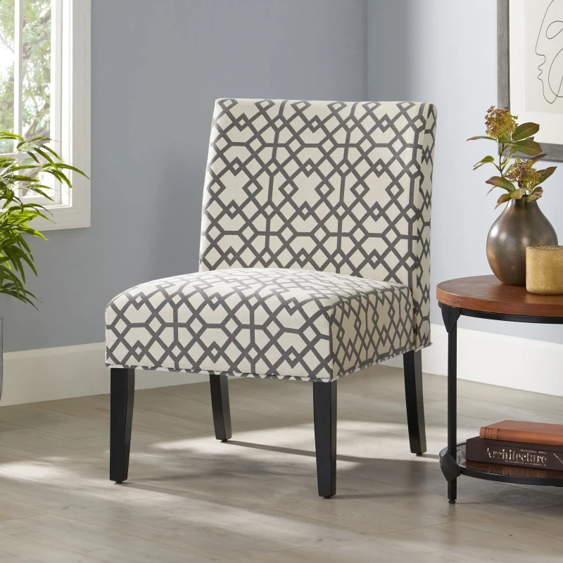 Contemporary Accent Chair with Rubberwood Tapered Legs, Upholstered Seating for Dining Room, 22.5'' L x 29.5'' W x 32'' H, Grey+Ivory