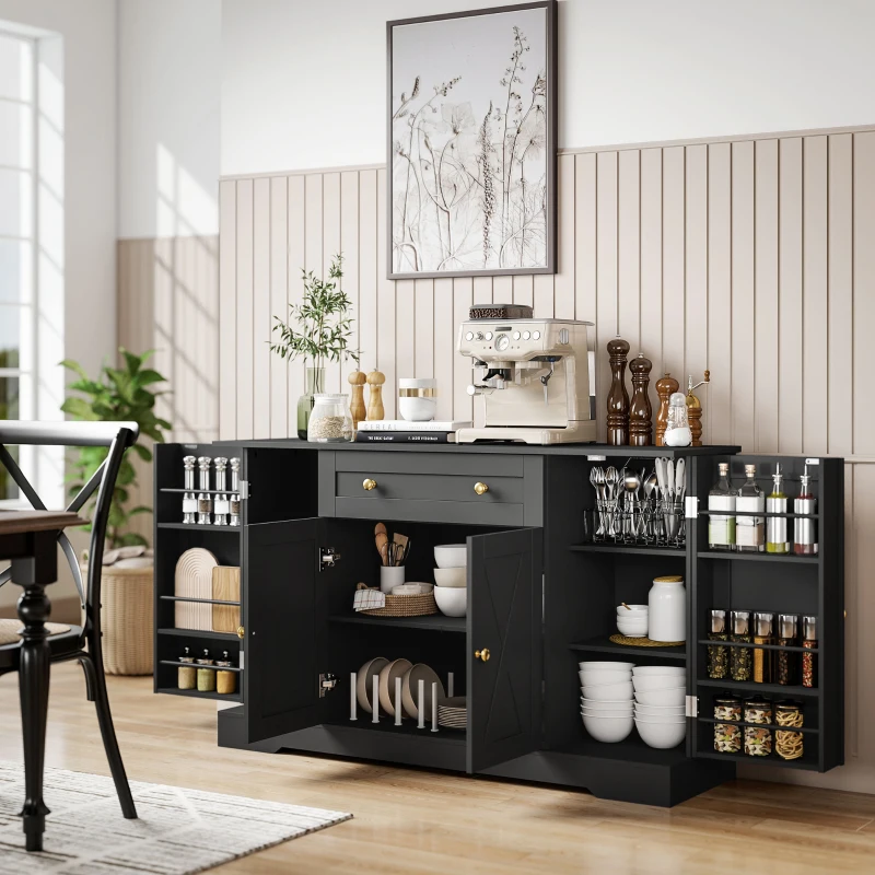 HOMCOM Sideboard Buffet Cabinet, Farmhouse Coffee Bar Cabinet with Door Shelves, Adjustable Shelves, Drawer, Barn Doors, Black
