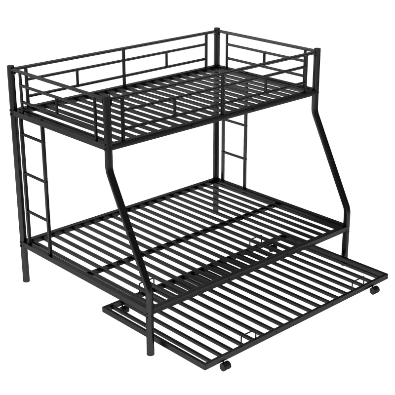 Twin Over Full Bunk Bed with Steel Frame, Twin Size Trundle, Two-Side Ladders, Double-Decker Bed for Compact Room, 78" L x 56.5" W x 63" H, Black
